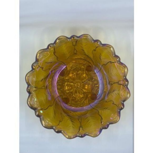 Amber Carnival Glass Footed Fruit Bowl Dish Iridescent 9" Fall Autumn VTG - Picture 2 of 5